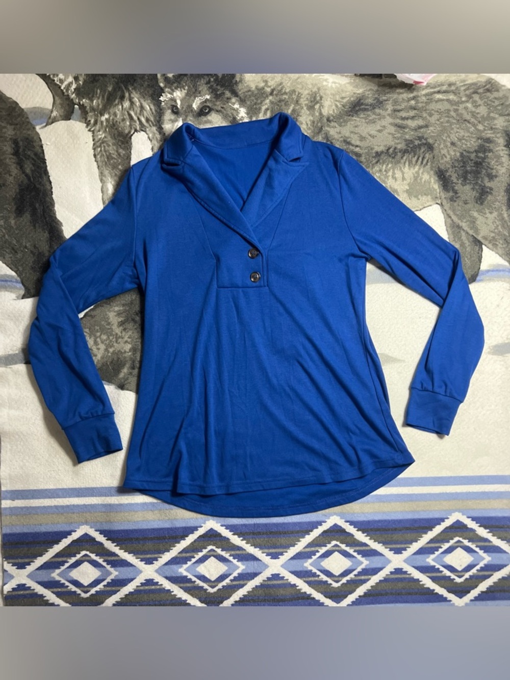 Women’s Blue Long Sleeve Collared Button V Neck T Shirt Size M